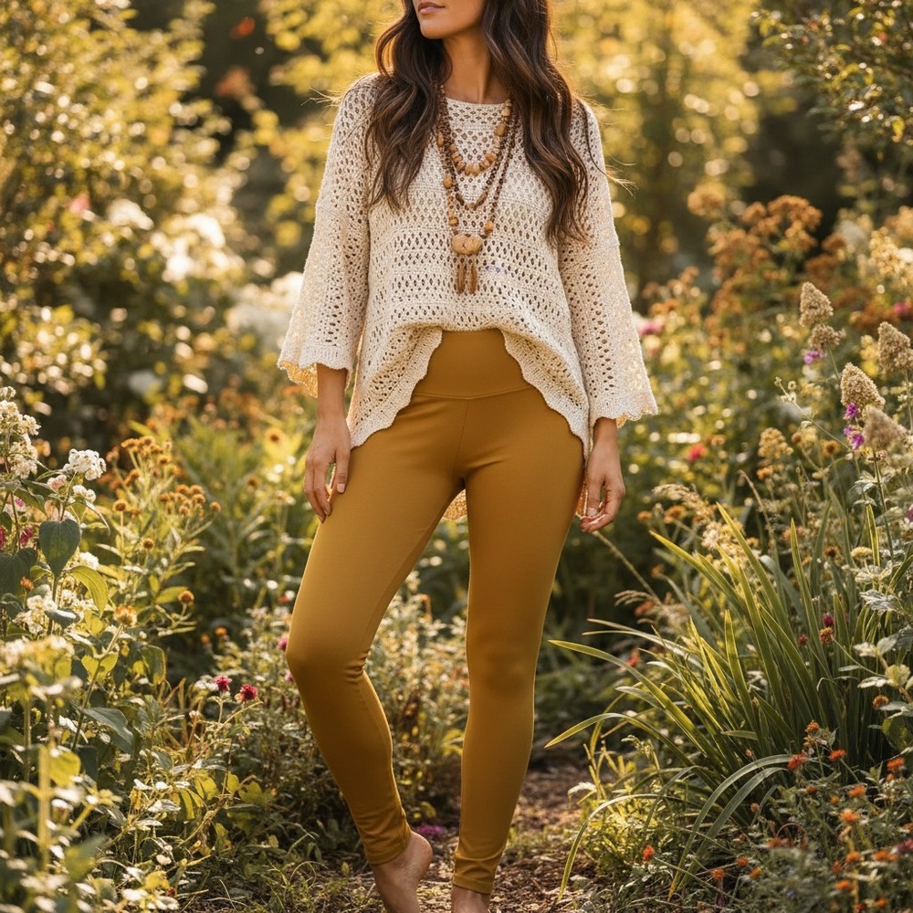 NEW Loft Sculpt Leggings Sz S Gold Yellow Comfy Cozy Boho Cottage Earthy Rustic‎